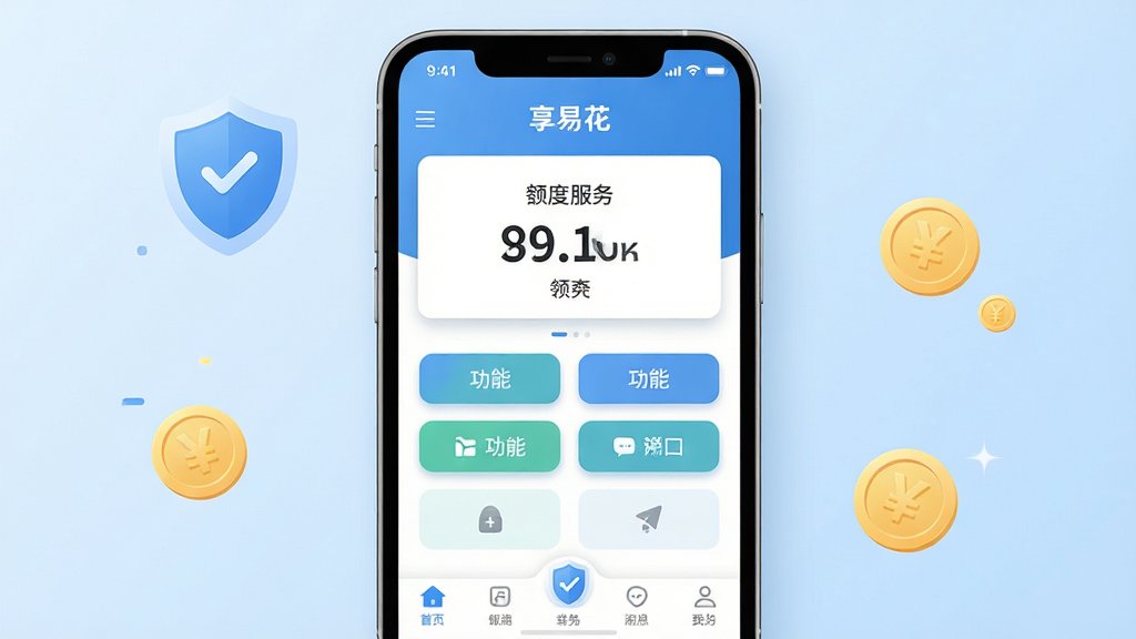 享易花移动端应用界面展示,主体为一部智能手机,屏幕中呈现享易花借款服务首页布局,包含额度展示区、功能按钮和底部导航栏;背景为简洁的浅蓝色渐变,辅助元素有盾牌图标和金币图标点缀;排版上手机居中放置,周围留有充足留白;风格为现代扁平化科技风;细节上按钮带有轻微阴影,字体清晰,图标圆润;画质要求高清、干净、无多余元素,画面中文字标注“享易花”