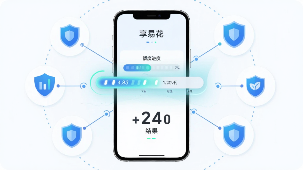 享易花智能额度评估功能展示图,主体为手机屏幕中显示额度评估进度条和数字结果,周围环绕数据节点和盾牌图标;布局为手机居中,数据元素呈放射状排列;排版简洁清晰;风格为科技感扁平插画;细节上进度条带有光效,数字醒目;画质高清、干净、无多余元素,画面中文字标注“享易花”