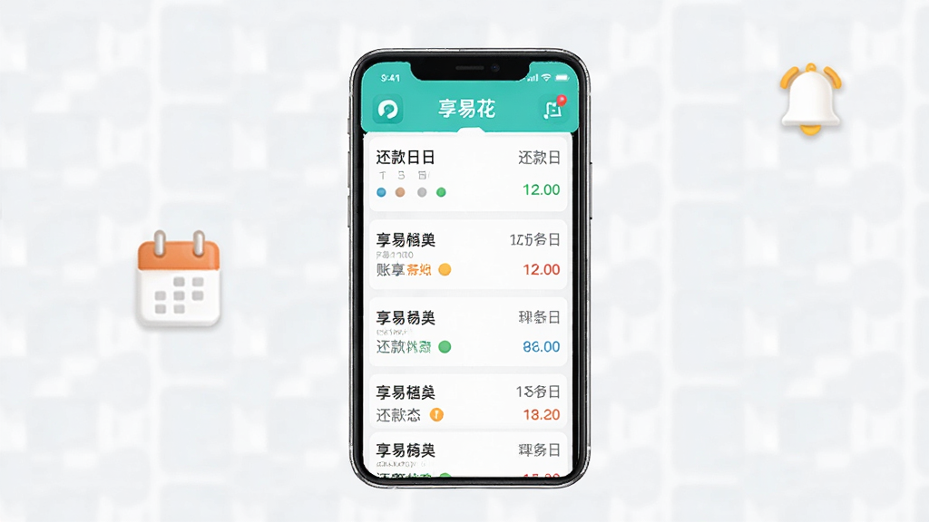 享易花账单管理界面展示图,主体为手机屏幕中显示账单列表和还款日历,辅助元素有日历图标和铃铛提醒图标;布局为手机居中,账单条目整齐排列;排版清晰有序;风格为清新简约风;细节上还款状态用不同颜色标注;画质高清、干净、无多余元素,画面中文字标注“享易花”