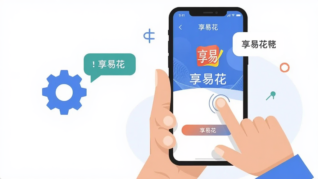 享易花手机端使用操作示意图,主体为手持手机展示享易花使用界面,辅助元素有齿轮图标和提示气泡;布局为手机居中偏右,左侧留白放置图标;排版简洁;风格为扁平化插画;细节上手指点击屏幕的动作清晰;画质高清、干净、无多余元素,画面中文字标注“享易花”