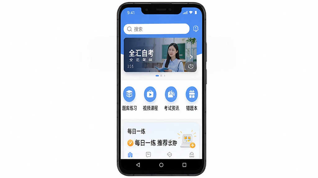 全汇自考软件主界面展示,主体为一部安卓手机屏幕,屏幕中央显示全汇自考APP首页,布局上方为搜索框与轮播图,中部为题库练习、视频课程、考试资讯、错题本四个功能入口图标,下方为每日一练推荐卡片,排版整齐清晰,风格简洁现代教育类APP风格,细节包含蓝色主色调、圆角卡片、扁平化图标,画质高清,干净,无多余元素
