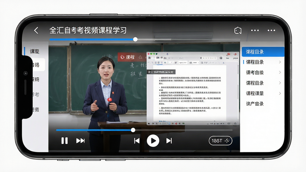 全汇自考视频课程学习场景,主体为手机横屏播放界面,屏幕中显示讲师授课画面与PPT讲义同步展示,布局上方为课程标题与进度条,下方为播放控制栏与倍速按钮,排版清晰,风格在线教育平台风格,细节包含蓝色进度条、白色控制图标、课程目录侧边栏,画质高清,干净,无多余元素
