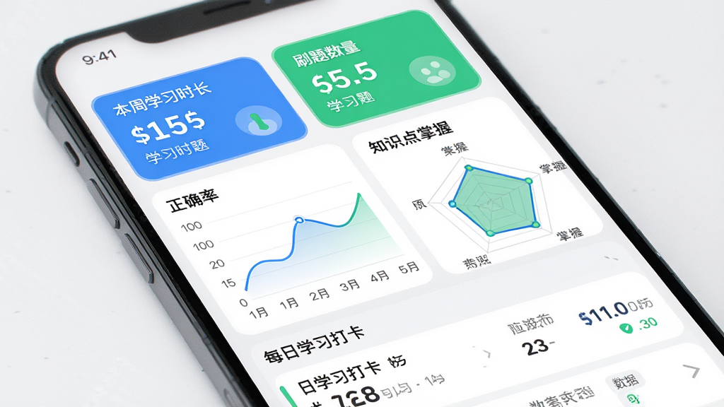 全汇自考学习数据统计页面,主体为手机屏幕展示学习报告,布局上方为本周学习时长与刷题数量卡片,中部为正确率折线图与知识点掌握雷达图,下方为每日学习打卡记录列表,排版简洁,风格数据可视化教育类APP风格,细节包含蓝色与绿色图表配色、圆角卡片、清晰数字标注,画质高清,干净,无多余元素