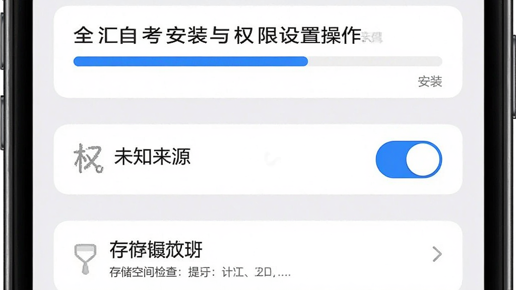 全汇自考安装与权限设置操作示意图,主体为手机屏幕展示安装进度条与权限授权弹窗,布局上方为安装进度提示,中部为未知来源应用权限开关,下方为存储空间检查提示,排版清晰,风格手机系统设置界面风格,细节包含蓝色开关按钮、白色背景、清晰文字标注,画质高清,干净,无多余元素