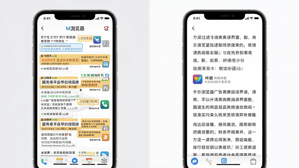 M浏览器广告过滤与清爽阅读界面图,主体为手机屏幕对比展示,左侧为杂乱广告页面,右侧为干净阅读页面,布局左右对比,排版清晰,风格为简约对比风,细节包含广告拦截图标、清爽文字排版,画质高清,干净,无多余元素