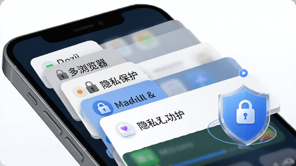M浏览器多标签与隐私保护功能图,主体为手机屏幕中多个标签页卡片层叠展示,布局为层叠式构图,排版有层次,风格为现代商务风,细节包含锁形图标、标签卡片、隐私盾牌元素,画质高清,干净,无多余元素
