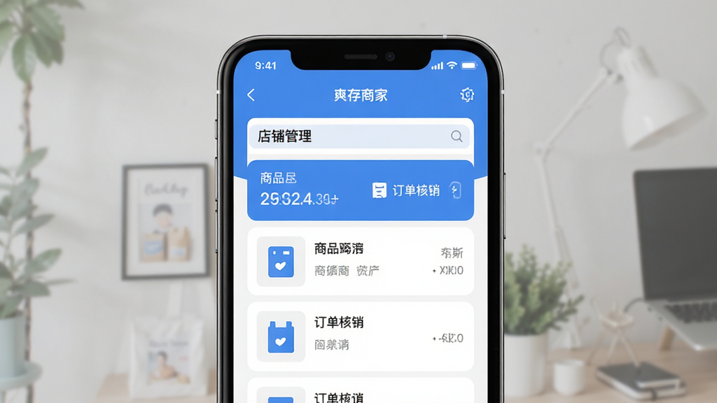 爽存商家 手机应用主界面 店铺管理 商品列表 订单核销 蓝色主题 扁平化设计 干净整洁 无多余元素 高清画质