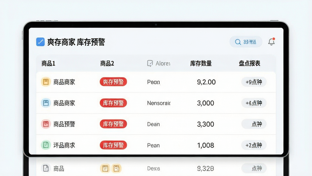 爽存商家 库存预警界面 商品列表 红色预警标签 库存数量 盘点报表 清新浅色风格 高清画质 干净无多余元素