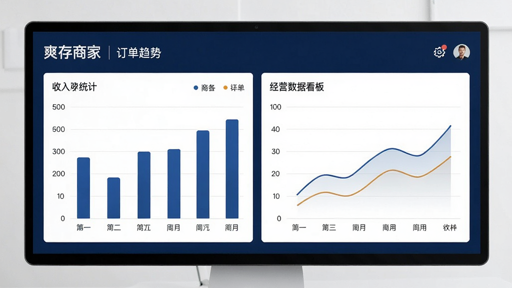 爽存商家 经营数据看板 柱状图 折线图 收入统计 订单趋势 简约商务风格 深蓝色调 高清画质 干净整洁