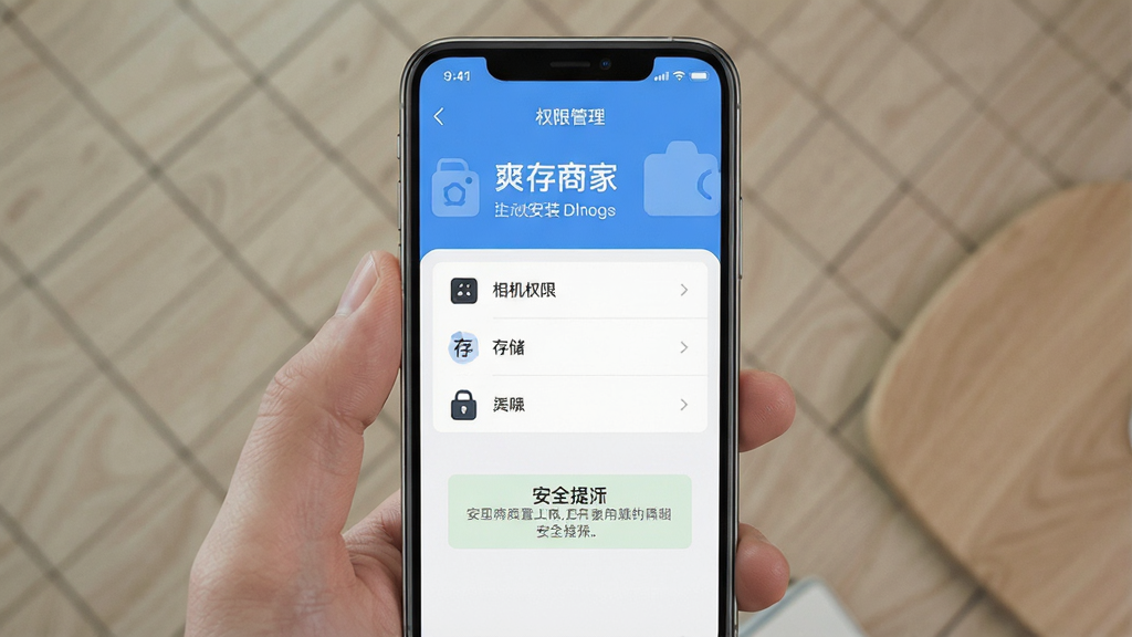 爽存商家 手机安装设置界面 权限管理 相机权限 存储权限 安全提示 扁平化风格 高清画质 干净无多余元素