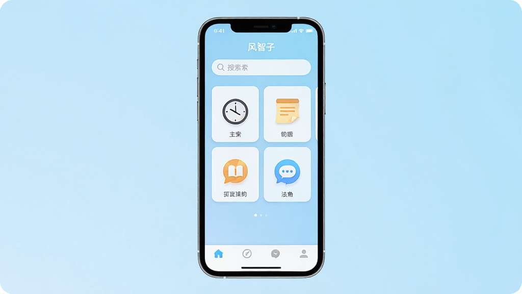 画面中央是一部智能手机,屏幕显示“风智子”应用主界面,界面布局为顶部搜索栏、中部卡片式功能入口、底部导航栏,背景为浅蓝色渐变,风格清新简约,细节包括时钟图标、便签图标、消息气泡图标,画质高清,干净,无多余元素