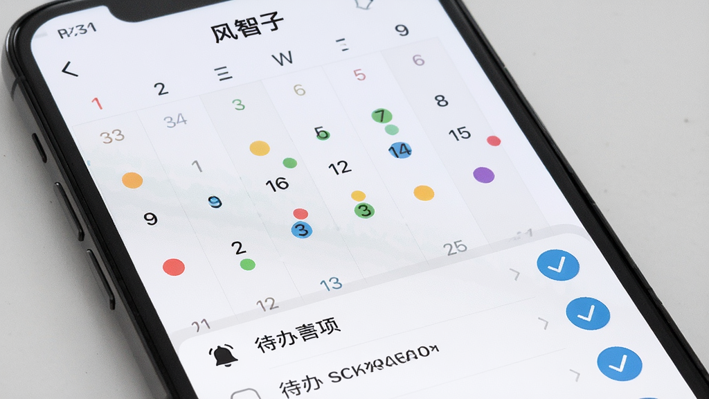 画面为手机屏幕特写,屏幕中显示“风智子”日程管理界面,日历网格上标注多个彩色圆点,下方列表展示待办事项,主体居中,布局清晰,风格扁平化,细节有铃铛图标和勾选按钮,画质高清,干净,无多余元素