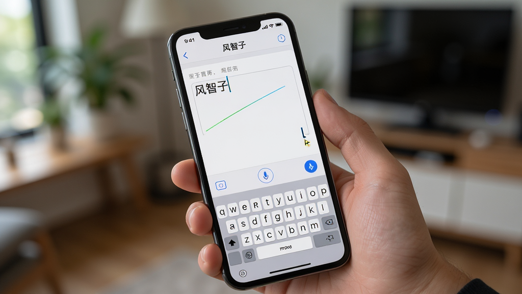 画面为一只手拿着手机,手机屏幕显示“风智子”便签编辑界面,屏幕上有文字输入框和语音按钮,背景为模糊的室内环境,主体突出手机屏幕,风格写实,细节有光标闪烁和键盘图标,画质高清,干净,无多余元素
