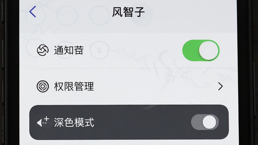 画面为手机屏幕显示“风智子”设置界面,界面中有通知开关、权限管理、深色模式选项,主体居中,布局为列表式,风格简洁,细节有开关按钮和箭头图标,画质高清,干净,无多余元素
