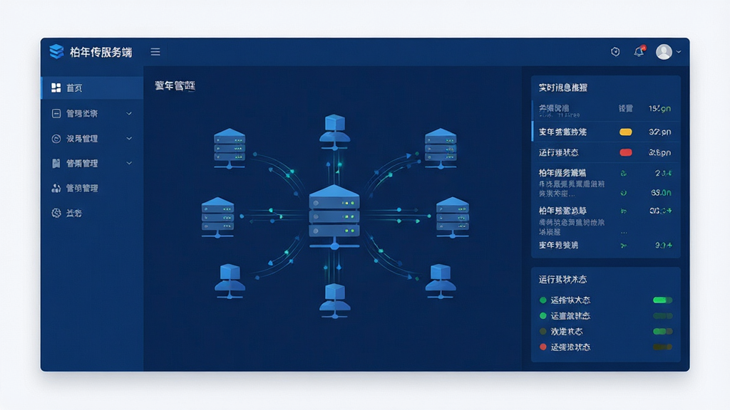 一张展示柏年传服务端软件主界面的全景截图,画面中央为简洁的深蓝色管理控制台,左侧为功能导航栏,右侧为实时消息推送数据面板和运行状态指示灯,整体布局清晰,风格为现代科技感扁平化设计,细节包含服务器节点图标和数据流动画效果,画质高清,画面干净,无多余元素