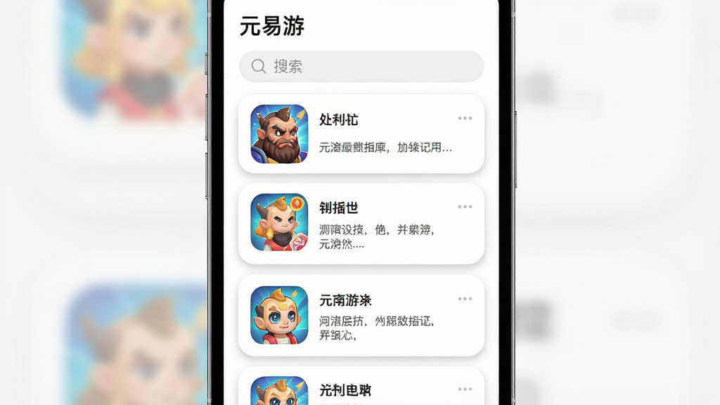 一张手机界面截图风格图片,画面中显示“元易游”游戏推荐列表,顶部有搜索框,下方排列着多个游戏卡片,每个卡片包含游戏图标、名称和简短描述。主体为手机屏幕内容,布局为纵向列表。风格为现代扁平化UI,细节包括卡片圆角、阴影和清晰的文字。画质高清,干净,无多余元素。