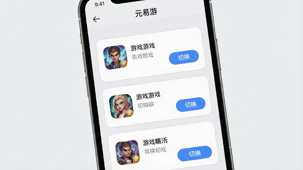 一张手机界面展示“元易游”账号管理页面,画面中显示三个游戏账号卡片,每个卡片有游戏图标和“切换”按钮。主体为手机屏幕,布局为纵向排列。风格为简洁商务风,细节包括卡片边框、浅灰底色和蓝色按钮。画质高清,干净,无多余元素。