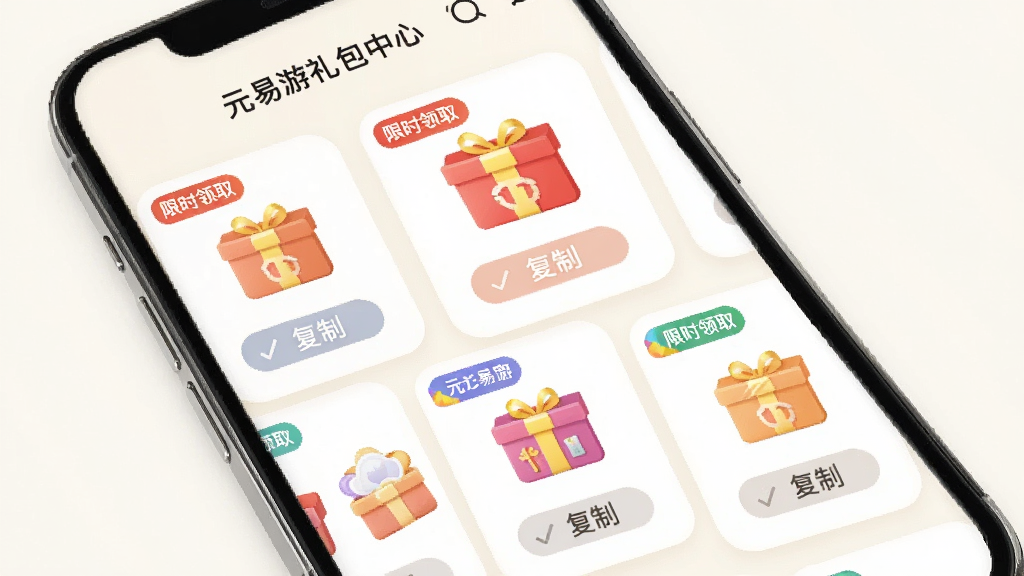 一张手机界面展示“元易游”礼包中心,画面中有多个礼包卡片,卡片上写有“限时领取”和“复制”按钮,背景为浅色。主体为手机屏幕,布局为网格状。风格为清新浅色,细节包括卡片圆角、彩色标签和图标。画质高清,干净,无多余元素。