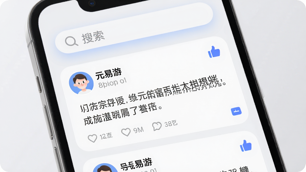 一张手机界面展示“元易游”社区页面,画面中有用户头像、文字帖子和点赞图标,顶部有搜索栏。主体为手机屏幕,布局为信息流。风格为柔和圆角,细节包括圆形头像、浅灰背景和蓝色高亮。画质高清,干净,无多余元素。
