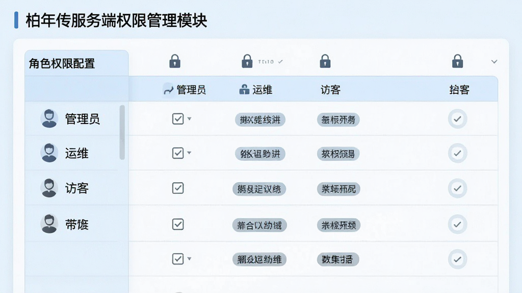 一张展示柏年传服务端权限管理模块的界面图,画面主体为角色权限配置表格,包含管理员、运维、访客等角色图标和勾选框,布局为左右分栏,排版清晰,风格为淡蓝色商务风,细节包含锁形图标和权限标签,画质高清,画面干净,无多余元素
