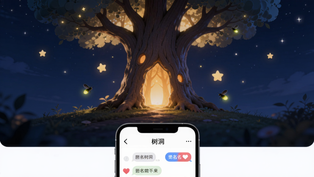 整体画面以深蓝色夜空为背景,中央一棵巨大的发光树,树干上有发光的树洞入口,树洞内透出温暖的橙黄色光芒,周围有飘浮的星星和萤火虫,画面下方是手机屏幕样机展示“树洞”APP界面,界面中有匿名聊天气泡和爱心图标,整体风格温馨治愈,布局居中对称,画质高清,干净无多余元素