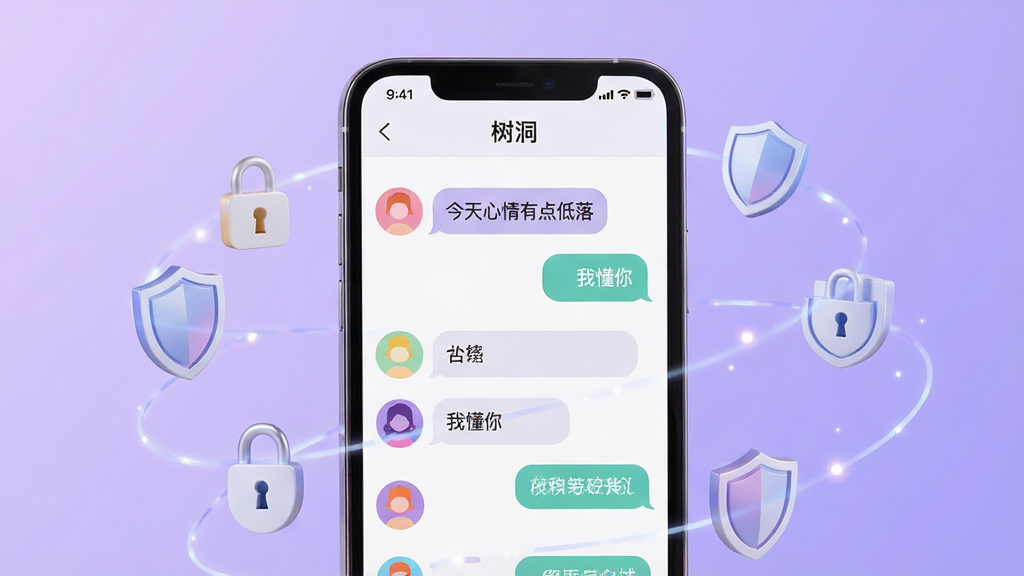 画面主体是一部智能手机,屏幕显示“树洞”APP的匿名聊天界面,界面中有多个不同颜色的匿名头像和对话气泡,气泡中写着“今天心情有点低落”“我懂你”等文字,手机周围环绕着锁和盾牌图标象征隐私保护,背景为柔和的渐变紫色,风格清新现代,布局简洁,画质高清,干净无多余元素