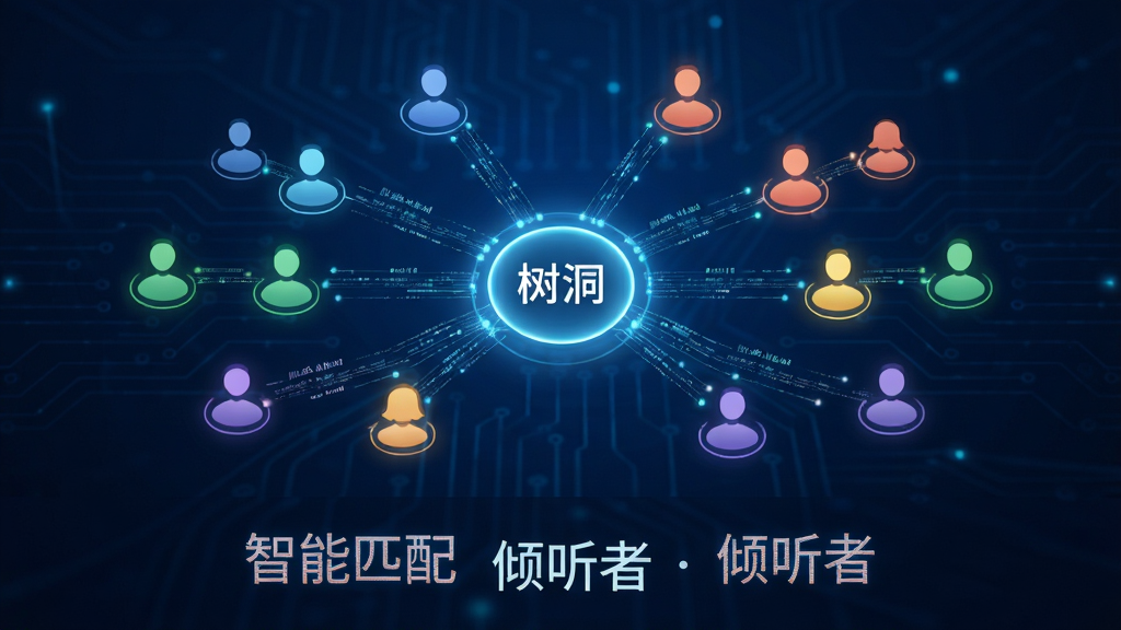 画面中央是一个发光的智能匹配网络图,中心节点标注“树洞”,向外连接多个不同颜色的人形图标,图标之间有数据流连线,背景为科技感深蓝色,画面下方有“智能匹配”和“倾听者”字样,风格简洁科技,布局清晰,画质高清,干净无多余元素