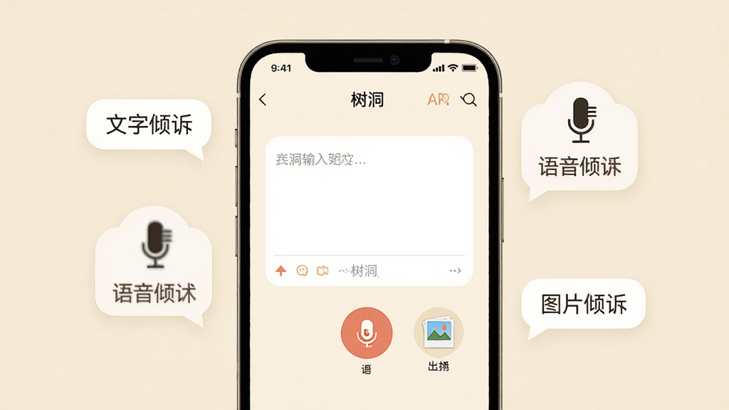 画面展示一部手机屏幕,屏幕中“树洞”APP界面同时呈现文字输入框、语音录制按钮和图片上传图标,界面周围漂浮着文字气泡“文字倾诉”、麦克风图标“语音倾诉”和照片图标“图片倾诉”,背景为温暖米白色,风格简约清新,布局整齐,画质高清,干净无多余元素