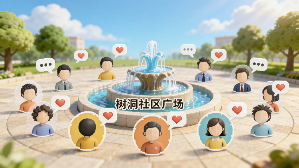 画面为一个虚拟社区广场场景,多个匿名用户头像围绕中心喷泉排列,每个人形图标旁有对话气泡和爱心图标,背景有蓝天白云和绿树,画面中央有“树洞社区广场”字样,风格明快温暖,布局开阔,画质高清,干净无多余元素
