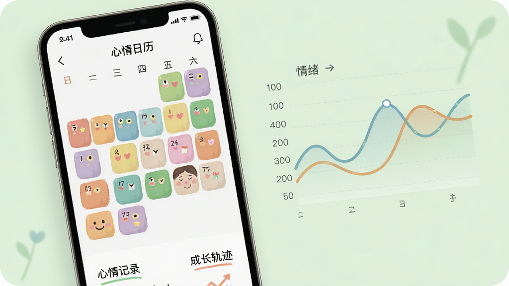 画面展示手机屏幕上的心情日历界面,日历格子用不同颜色标注情绪状态,旁边有折线图显示情绪变化曲线,界面下方有“心情记录”和“成长轨迹”文字,背景为柔和浅绿色,风格清新治愈,布局简洁,画质高清,干净无多余元素