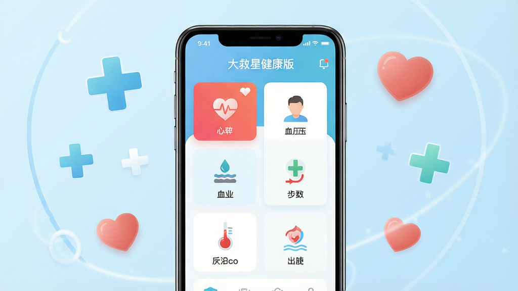 一张展示健康管理手机应用界面的图片,画面中央是一部智能手机,屏幕显示健康数据仪表盘,包含心率、血压、步数等图标,背景为干净的浅蓝色渐变,周围环绕简洁的医疗十字和心形元素,风格清新现代,细节清晰,画质干净,无多余元素,图片中显示文字“大救星健康版”