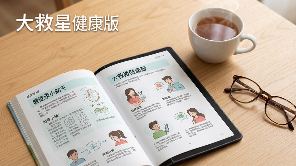 一张展示健康科普阅读界面的图片,画面中有一本翻开的电子书,书页上显示健康小贴士和图文说明,旁边有一杯热茶和一副眼镜,背景为温暖的浅木色桌面,风格温馨自然,图片中显示文字“大救星健康版”,细节丰富,画质干净,无多余元素