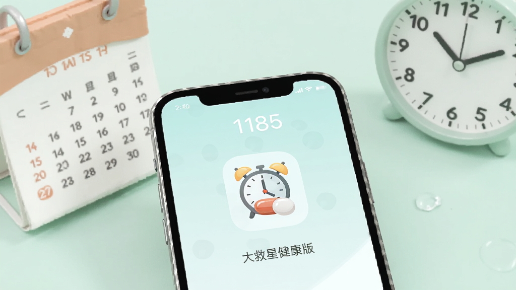 一张表现手机提醒功能的图片,画面中一部手机屏幕显示闹钟和药丸图标,旁边有日历和时钟元素,背景为柔和的浅绿色,风格清新浅色,图片中显示文字“大救星健康版”,细节清晰,画质干净,无多余元素