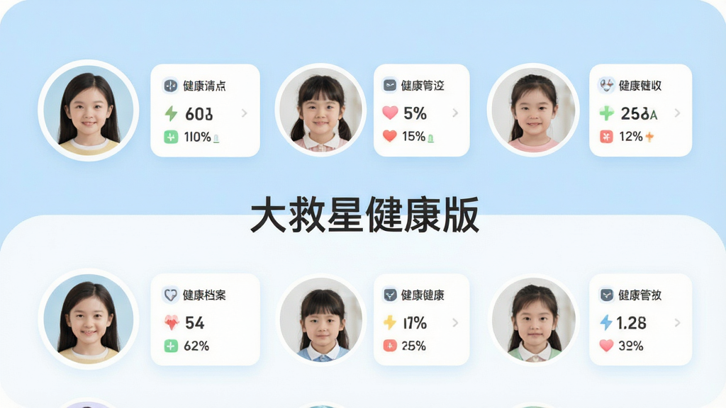 一张展示家庭健康档案界面的图片,画面中有多个圆形头像代表不同家庭成员,每个头像旁边有简洁的健康数据卡片,背景为浅蓝色与白色,风格柔和圆角,图片中显示文字“大救星健康版”,布局清晰,画质干净,无多余元素