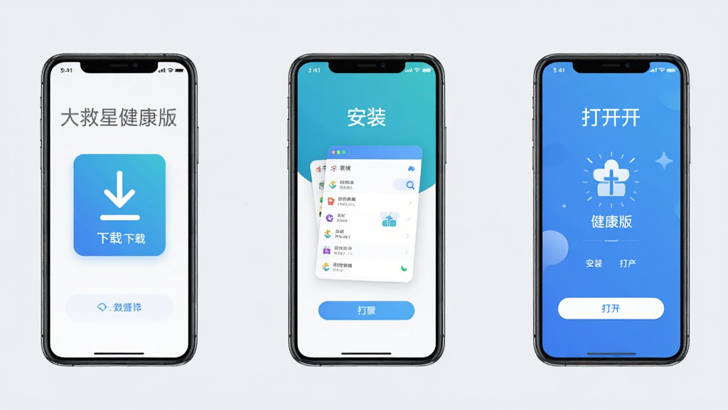 一张展示手机应用安装步骤的示意图,画面中有三部手机依次排列,分别显示下载、安装、打开三个步骤,背景为干净的浅灰色,风格简约商务,图片中显示文字“大救星健康版”,细节清晰,画质干净,无多余元素