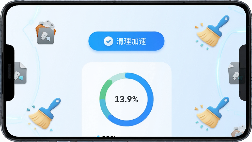 清爽速效清理手机应用主界面,一部安卓手机屏幕居中显示,屏幕内展示蓝色清爽风格的清理加速按钮和存储空间环形图,背景为浅色渐变,周围散落少量垃圾文件图标和清理刷图标,整体布局简洁明快,风格清新科技感,细节清晰,画质高清,画面干净,无多余元素