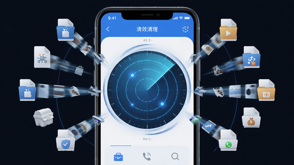 清爽速效清理极速扫描功能展示图,手机屏幕中央显示旋转的雷达扫描动画,周围环绕各类垃圾文件图标被快速吸入清理区域,界面配色以蓝白为主,风格简洁科技,布局居中对称,细节丰富,画质清晰,画面干净,无多余元素