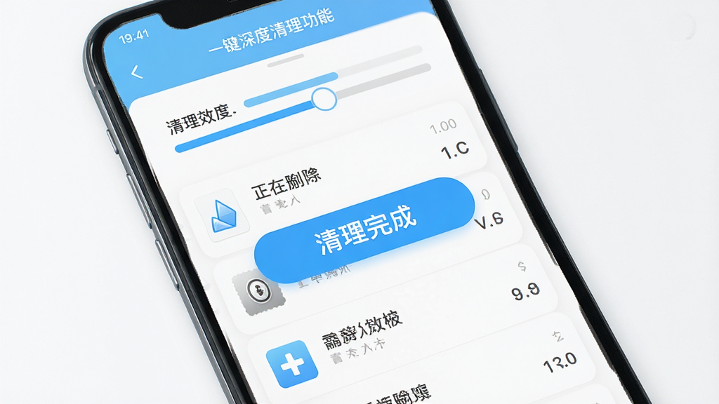 清爽速效清理一键深度清理功能界面图,手机屏幕显示清理进度条和正在删除的文件列表,界面中央有醒目的清理完成按钮,整体风格清爽简约,配色以天蓝色和白色为主,布局清晰有序,细节精致,画质高清,画面干净,无多余元素