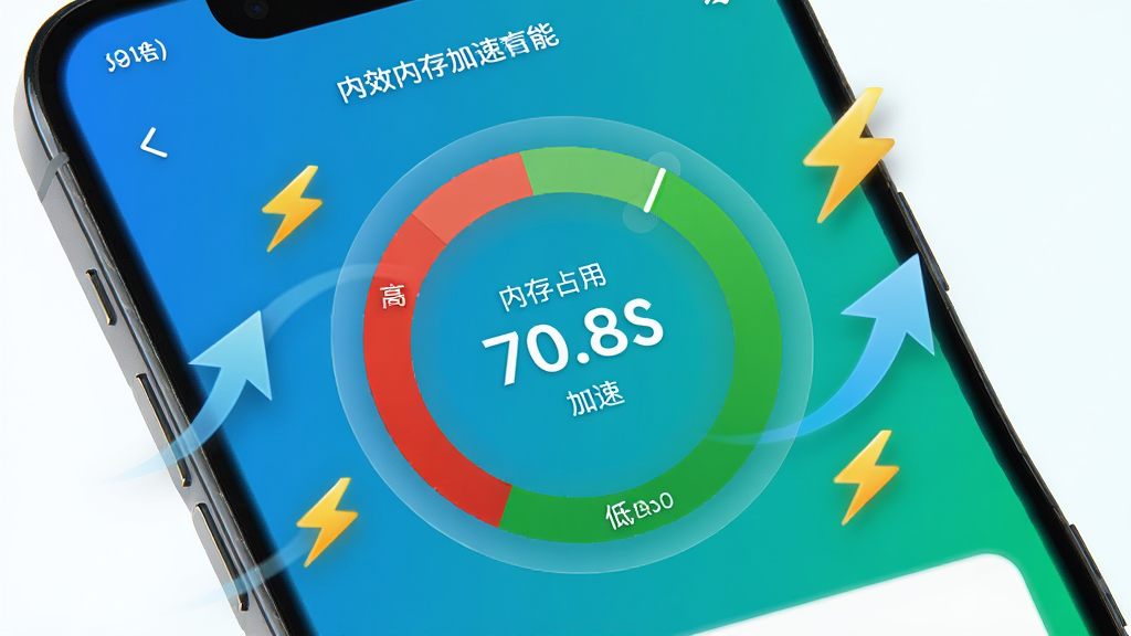 清爽速效清理内存加速功能展示图,手机屏幕显示内存占用环形图从红色高占用变为绿色低占用,周围有加速箭头和闪电图标,界面风格动感清爽,配色以蓝绿渐变为主,布局居中突出核心数据,细节清晰,画质高清,画面干净,无多余元素