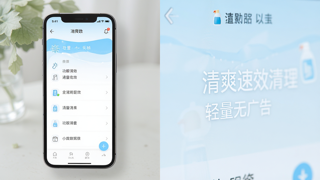 清爽速效清理轻量无广告特色展示图,手机屏幕显示简洁的功能列表界面,没有广告横幅和弹窗,界面留白充足,风格极简清新,配色以白色和浅蓝色为主,布局清晰,细节干净,画质高清,画面干净,无多余元素