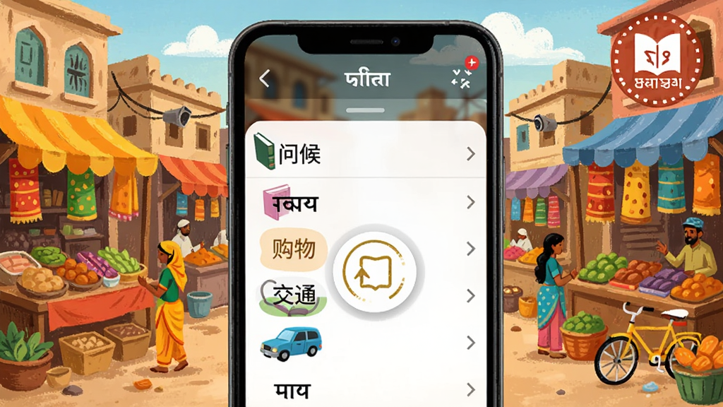 印地语翻译离线短语库界面图,画面展示手机屏幕内分类短语列表,包括问候、购物、交通等标签,背景是印度街头市集插画,风格活泼明快,细节包括书本图标和离线标志,画质清晰,无多余元素