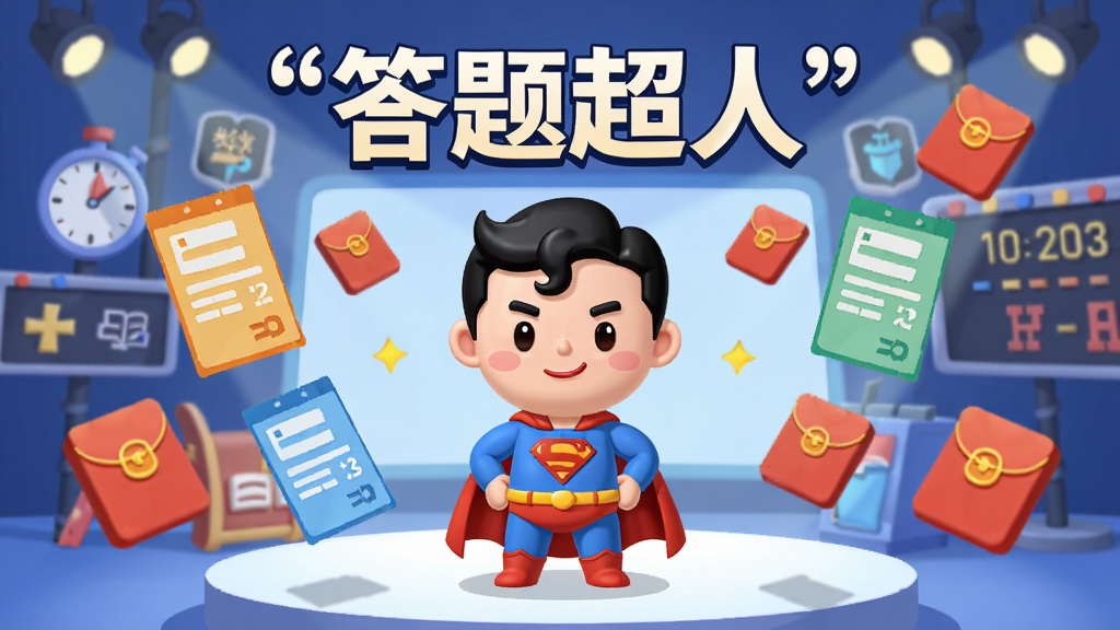 一幅宽幅数字插画,主体为一位卡通形象的超人角色站在明亮的答题舞台中央,周围环绕着漂浮的彩色答题卡和红包图标,布局采用左右对称的放射状构图,排版留出上方文字空间,风格为扁平化卡通与微立体结合,细节包括背景中隐约可见的计时器、分数板和知识符号,画质为高清4K,干净整洁,无多余元素,图片中央醒目位置用引号标注文字