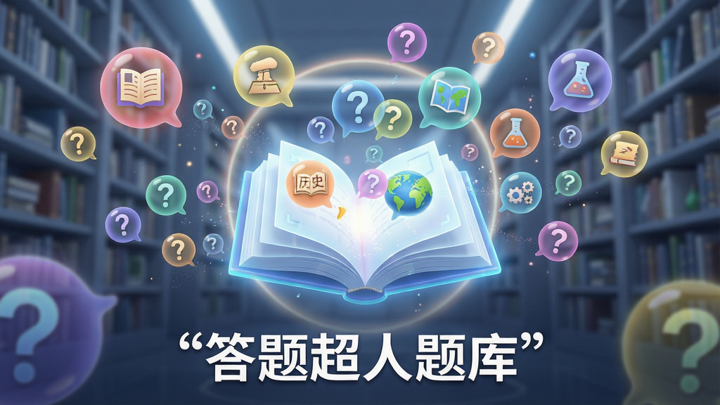 一个充满科技感的虚拟图书馆场景,中央悬浮着一本发光的电子书,书页中飞出无数带有问号的彩色气泡,气泡内隐约可见历史、地理、科学等图标,布局采用中心向四周扩散的透视构图,风格为现代数字艺术与轻科幻结合,细节包括柔和的光晕和细腻的粒子效果,画质为超清,干净明亮,无杂乱元素,画面下方用引号标注文字