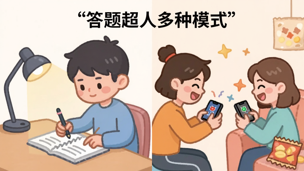 一个分屏对比构图,左侧展示单人安静答题的卡通场景,右侧展示两位好友面对面用手机对战的欢乐场景,布局为左右均等分割,风格为扁平插画风,细节包括左侧的台灯和笔记本、右侧的沙发和零食,画质为高清,色彩柔和,无多余元素,画面顶部用引号标注文字