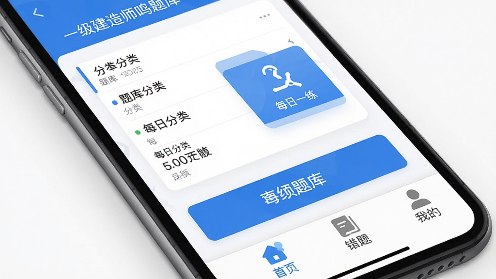 一级建造师鸣题库手机APP主界面展示,蓝色与白色为主色调,屏幕中央显示题库分类列表和每日一练入口,底部导航栏包含首页、题库、错题、我的四个图标,简洁明快的扁平化设计风格,高清画质,干净无多余元素