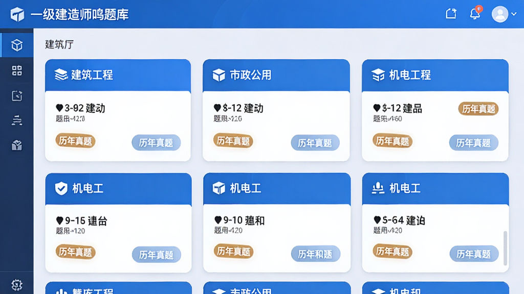 一级建造师鸣题库题库分类界面,展示建筑工程、市政公用工程、机电工程等多个专业方向的题库卡片,每个卡片上标注题目数量和历年真题标签,界面整洁有序,蓝色主题色,信息层级分明,高清UI设计图