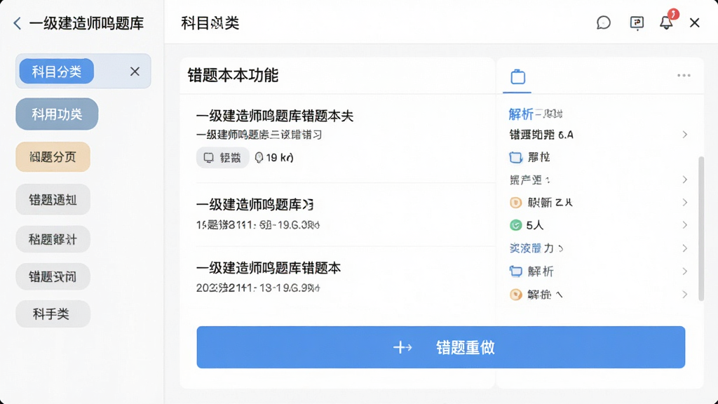 一级建造师鸣题库错题本功能界面,展示错题列表和错题重做按钮,界面左侧显示科目分类标签,右侧显示错题详情和解析内容,简洁清晰的学习工具界面,高清画质