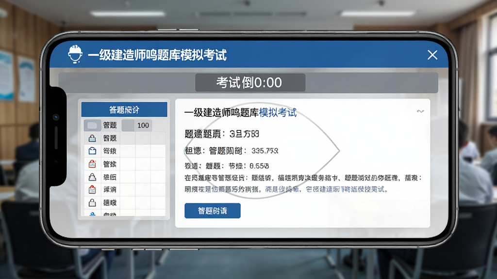 一级建造师鸣题库模拟考试界面,显示考试倒计时、答题卡和题目内容,界面风格严肃专业,模拟真实考场环境,蓝色和灰色为主色调,高清手机截图