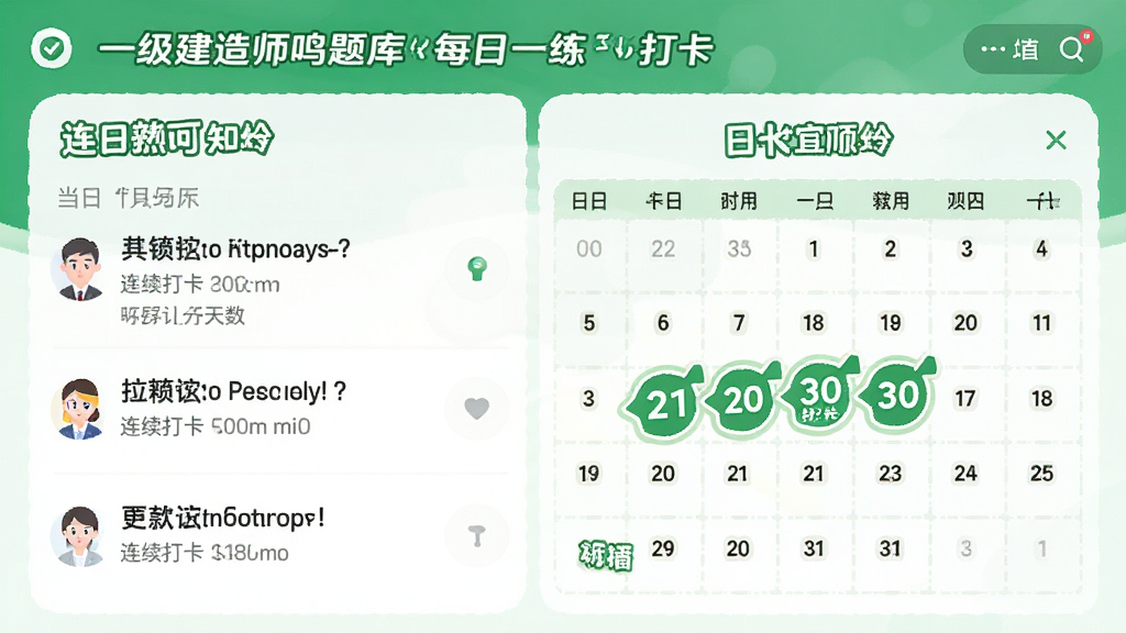 一级建造师鸣题库每日一练打卡界面,展示当日练习题和打卡日历,日历上标记连续打卡天数,界面清新活泼,绿色和白色搭配,高清UI展示图