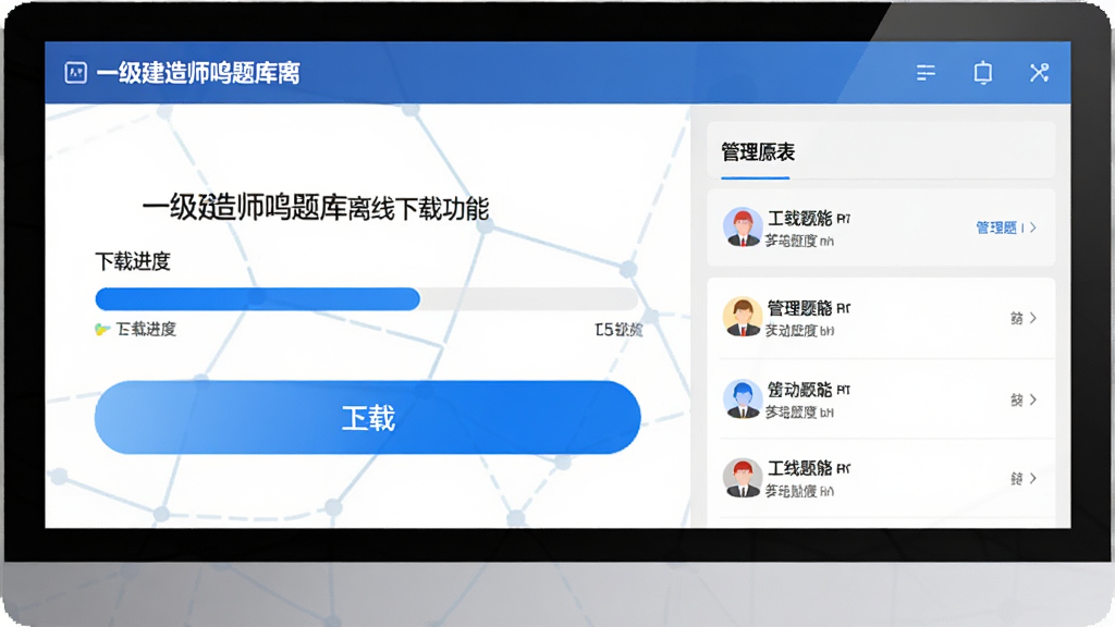 一级建造师鸣题库离线下载功能界面,展示题库下载进度和管理列表,界面简洁实用,蓝色进度条和下载按钮清晰可见,高清UI设计